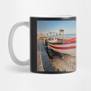 Fisheye view of traditional crab fishing boat on Cromer beach, Norfolk Mug